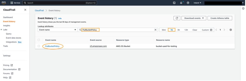 Enter the PutBucketPolicy as the lookup value and choose the time range where the previous bucket policy was set. Pick the time and the resources for which you’re looking.