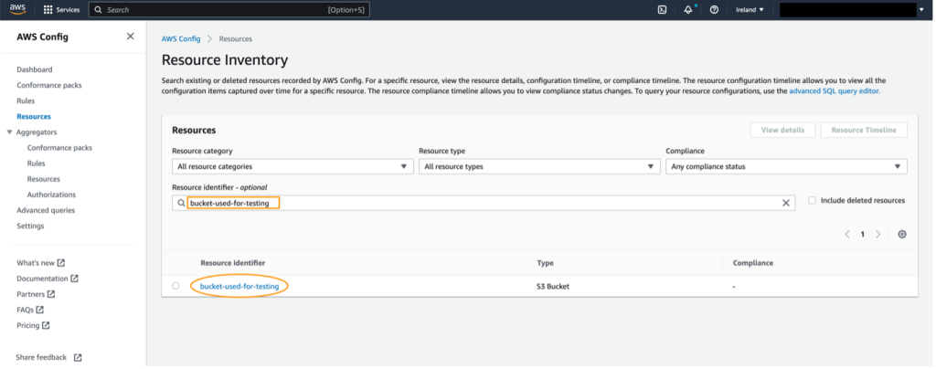 Fill Resource identifier with the bucket name, and select the result.