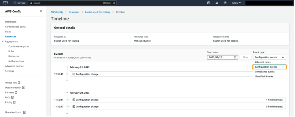 Choose Configuration events in the Event type dropdown list, and choose the appropriated Start date.