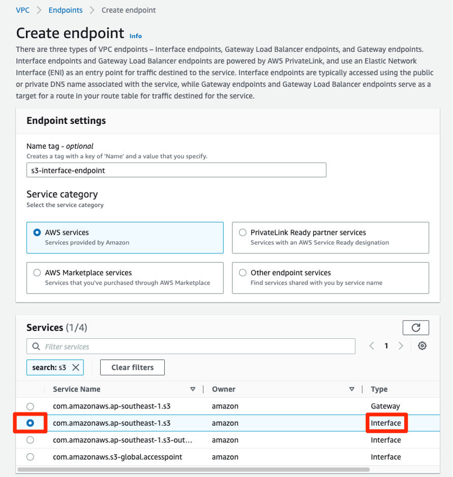 Figure 3a: Create Interface endpoint for s3