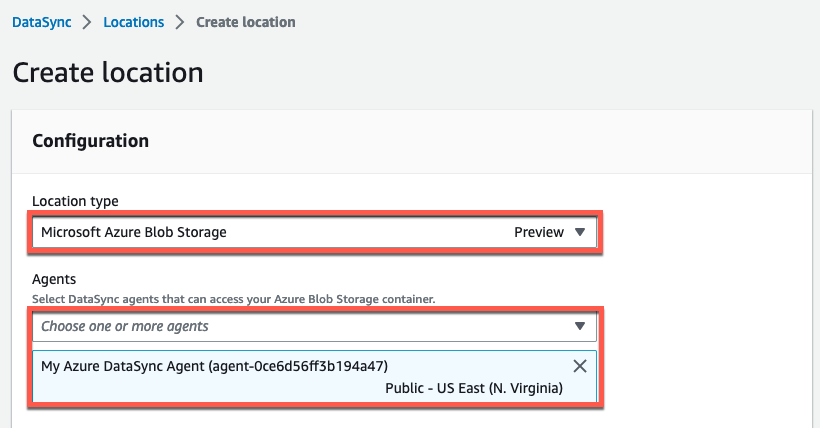 The AWS Mangement Console displays the Create location settings. The settings correspond to Microsoft Azure Blob Storage and the newly created DataSync Agent.