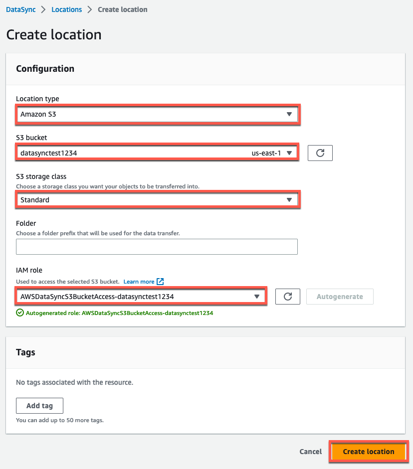 The AWS Management Console displays the Create location settings for the Amazon S3 bucket. The highlighted settings correspond to the S3 bucket and associated IAM role.