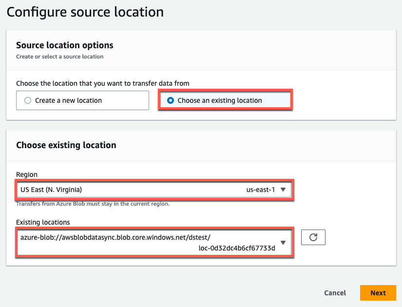 The AWS Management Console displays the Configure source location settings. The settings correspond to the Azure Blob Sotrage location previously created.