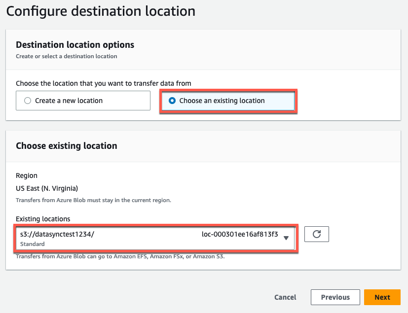 The AWS Management Console displays the Configure destination location settings. The settings correspond to the Amazon S3 location previously created.
