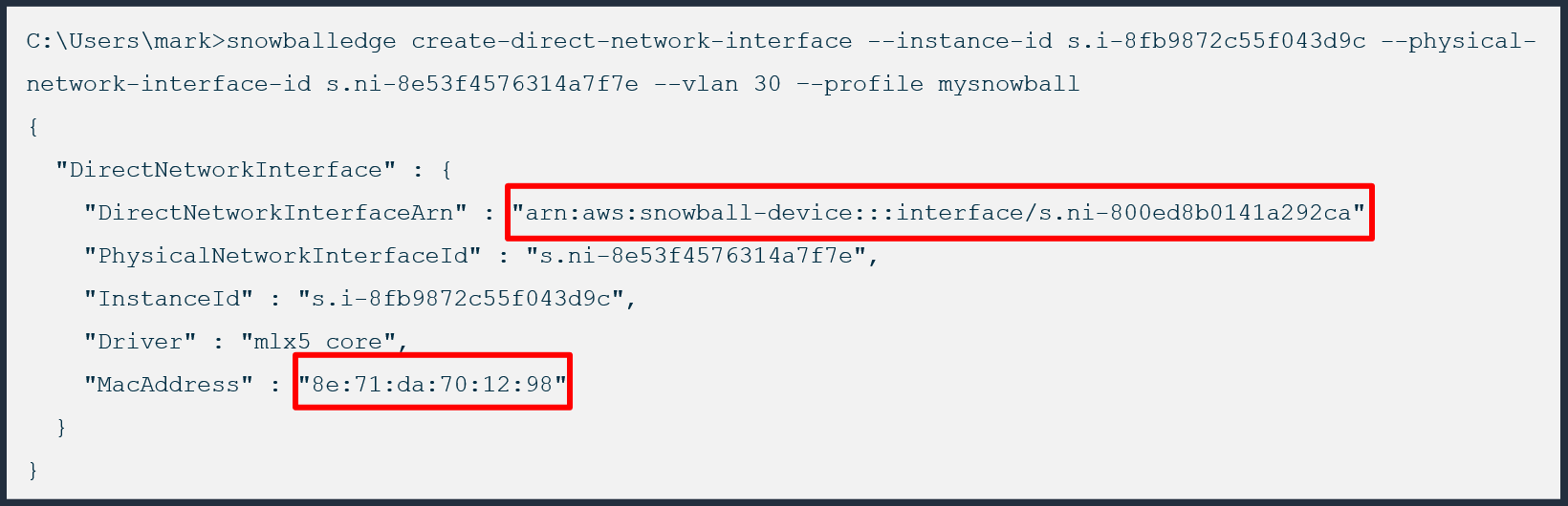 SnowballEdge CLI create DNI command example