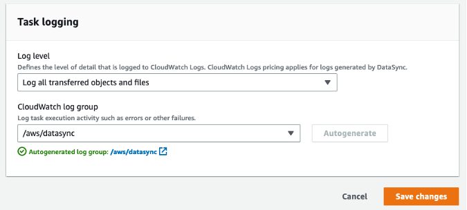 Enable task logging in your DataSync task image
