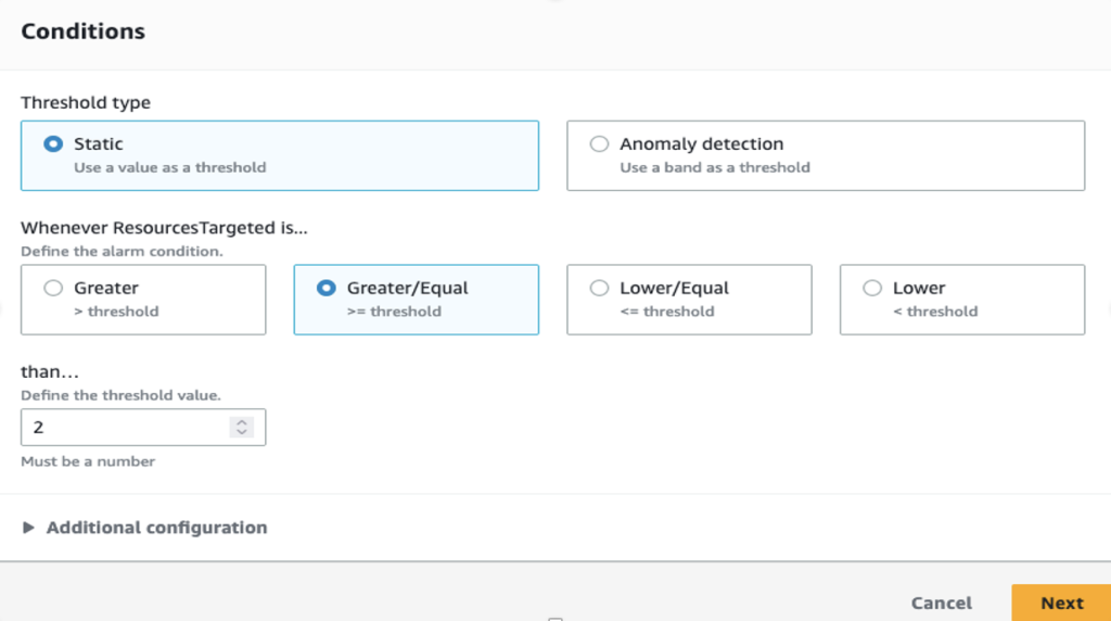 The image shows the interface where users can define threshold to trigger the alarm