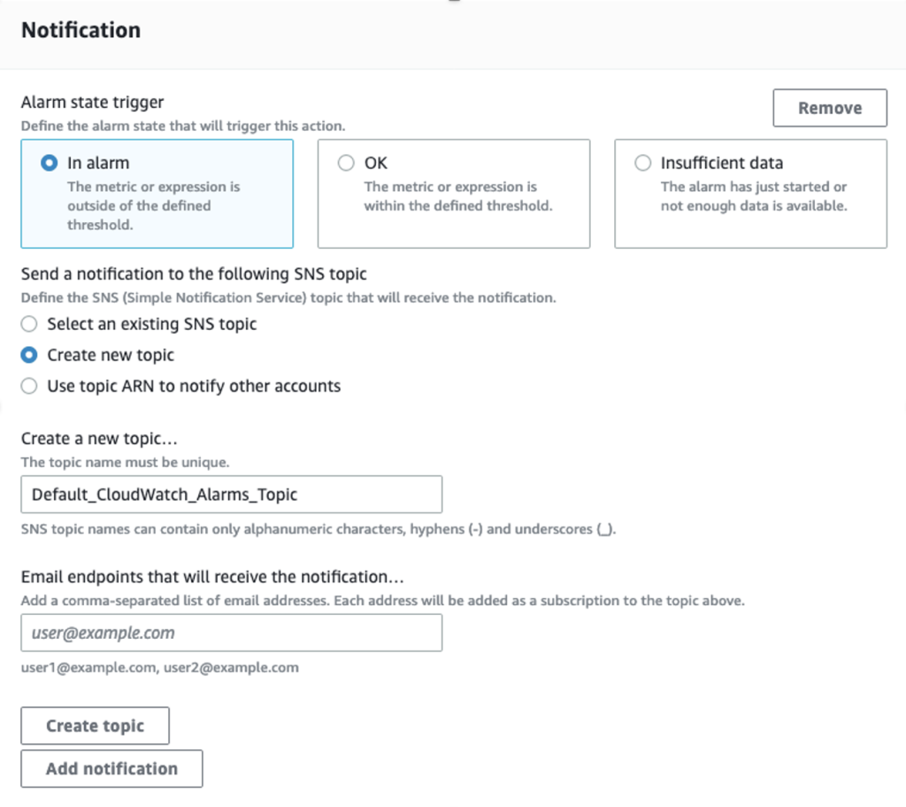 This image provide details about how to configure SNS notification for respective alarm.