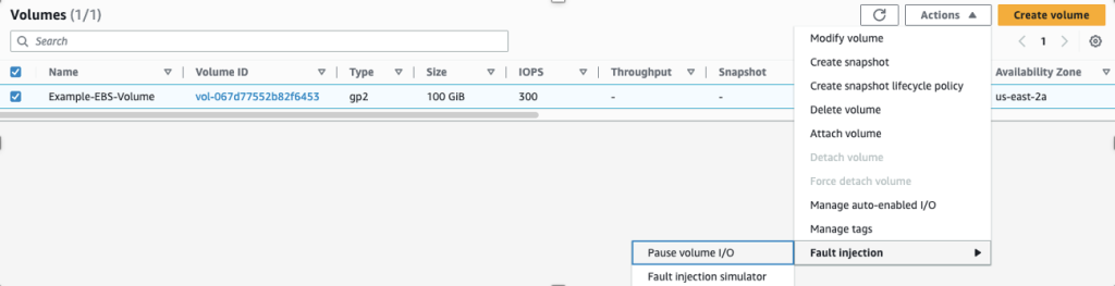 This image shows how to create Pause I/O experiment on the volume selected from EBS console.