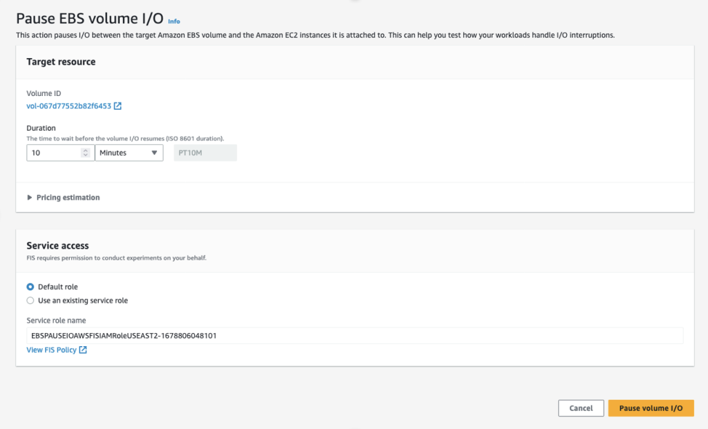 This image lets you define the duration time pause I/O experiment