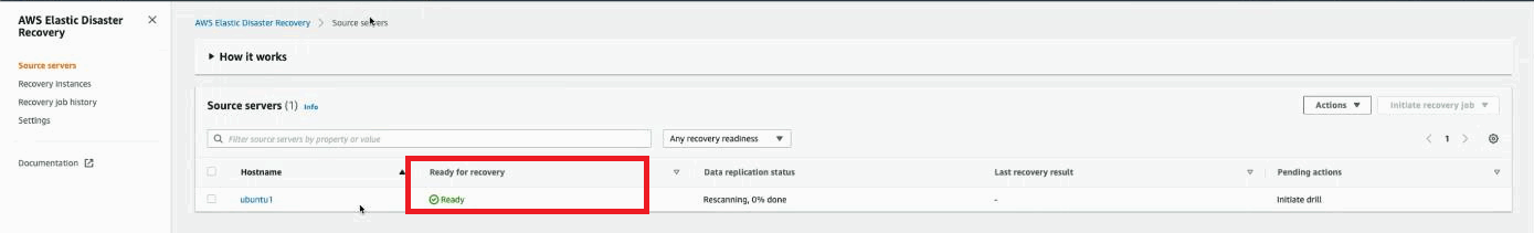 Once rescan is complete, the server reaches Ready for recovery status and you can see your source servers in the Elastic Disaster Recovery console as they populate over time.