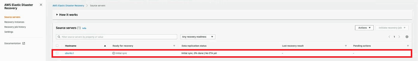 Once the installation is complete, you can see the server is added to the Elastic Disaster Recovery console on the Source servers page.