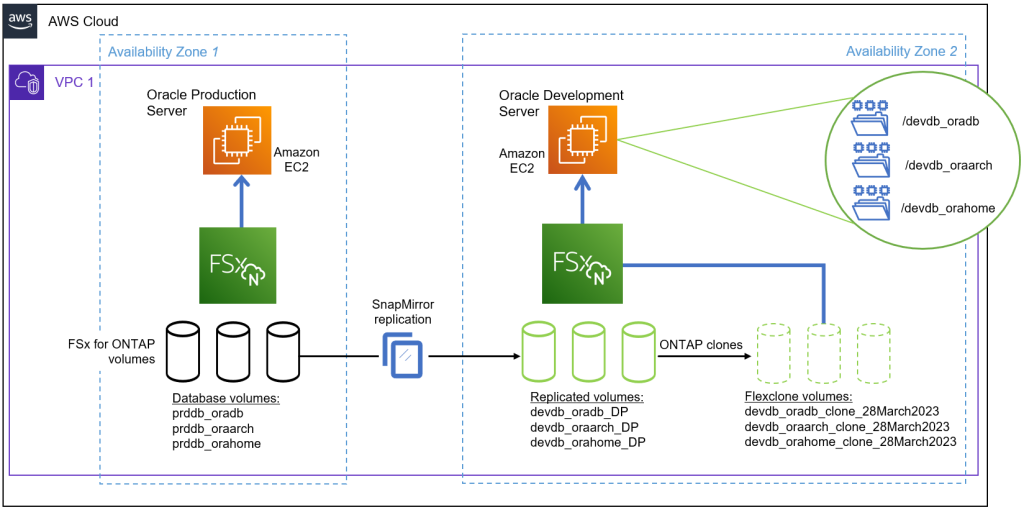FSx for ONTAP clones created from replicated volumes and mounted to Oracle Dev Server