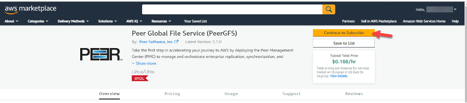 Shows where to click to subscribe to the Peer Global File Service in the AWS Marketplace