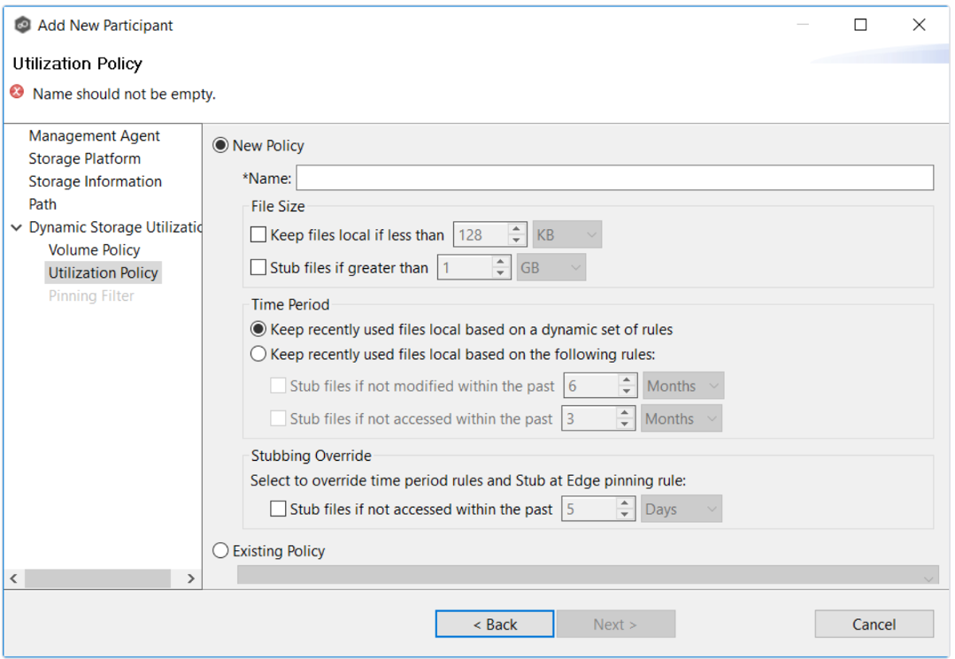 Shows the dialog box used to configure Peer hybrid edge file caching by setting up policies for file retention