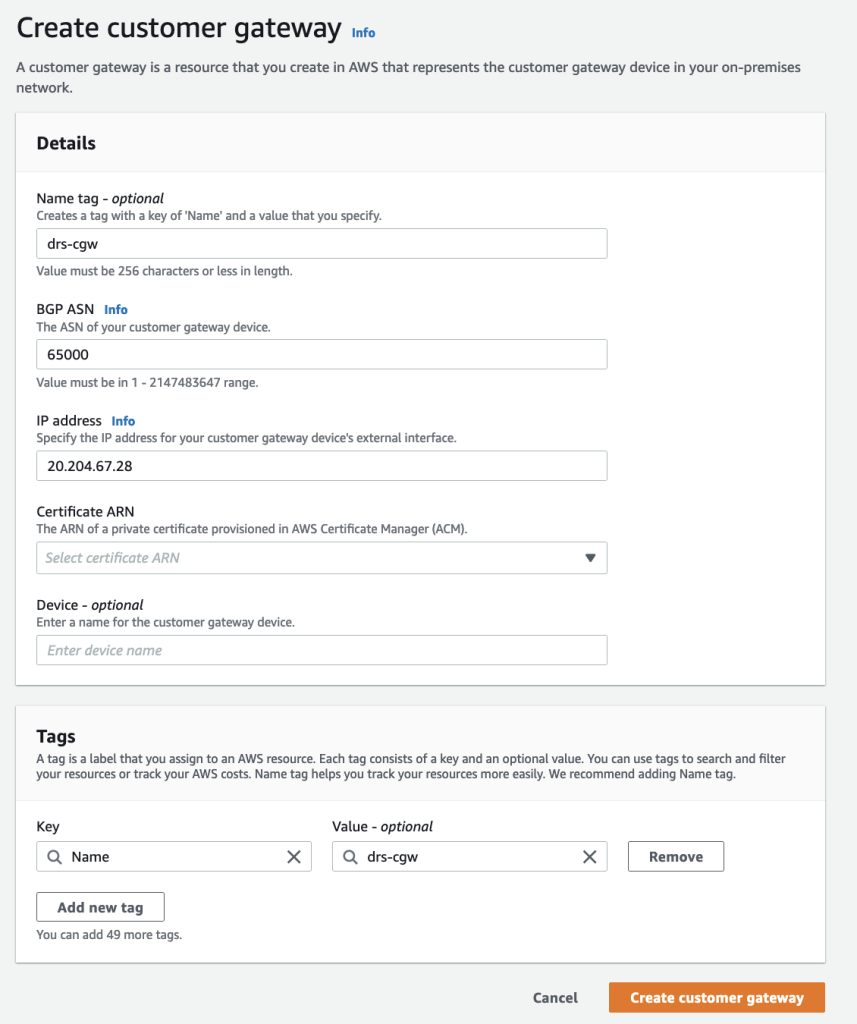 AWS Customer gateway creation