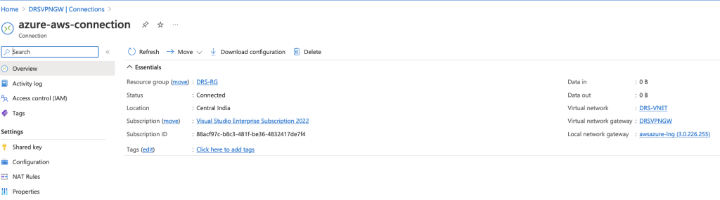 Azure connection status connected