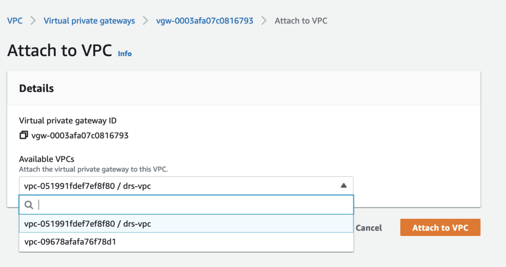 Virtual private gateway attachment to VPC