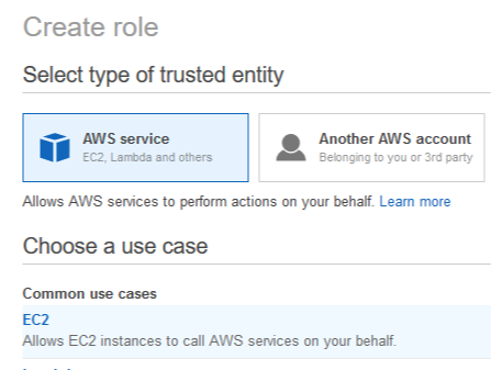 Figure 2. Select type of trusted entity example in Create Role menu.