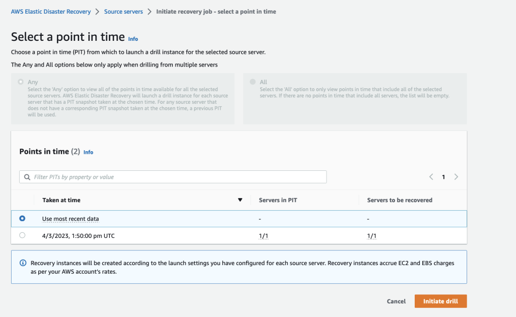 Point in time selection for recovery