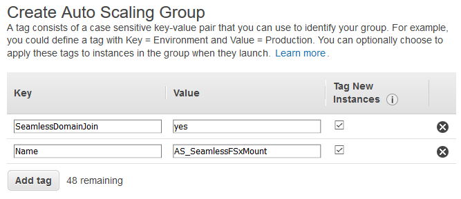 Figure 10. Example of Configure tags step in AutoScaling group creation console