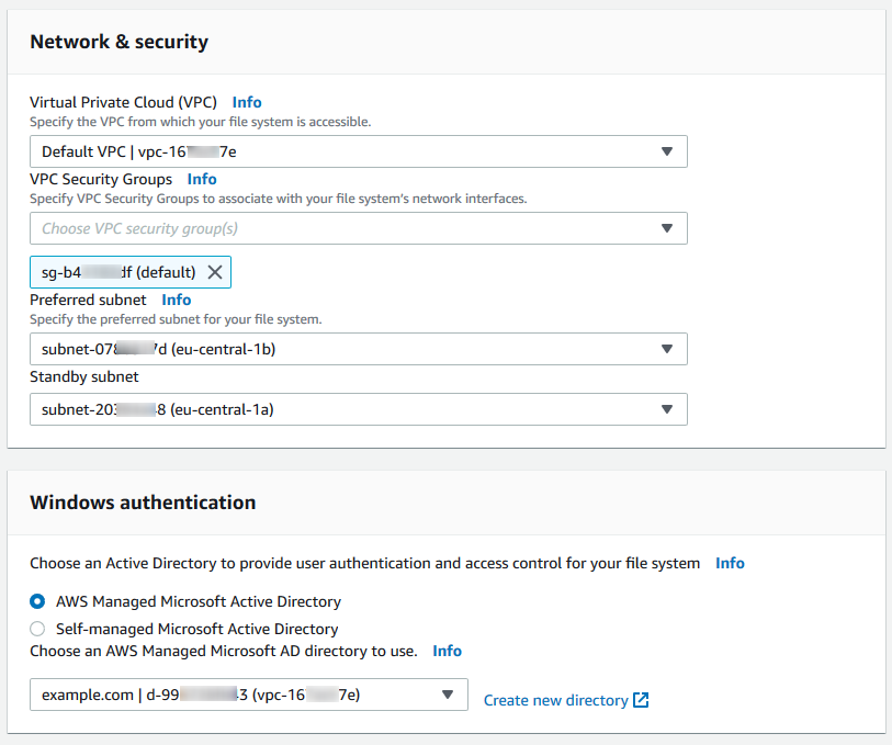Figure 4. Example of FSx Network & Security section of FSx console