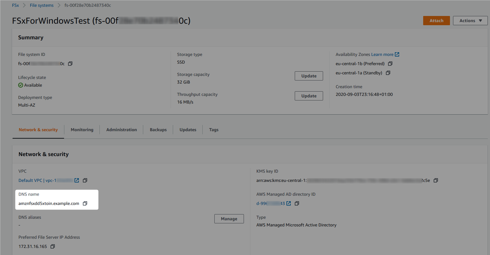 Figure 5. DNS Name information location in the FSx Console