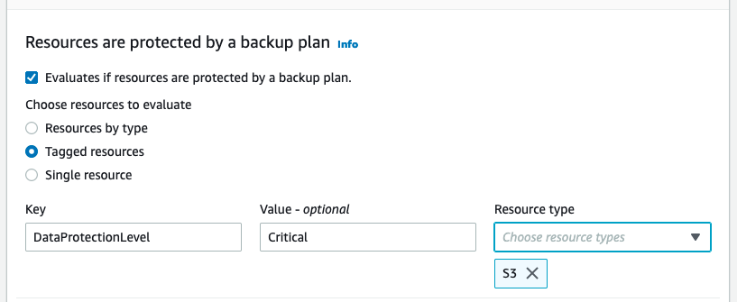 The console image displays the edit screen for an AWS Backup Audit Manager framework. The control named “Resources are protected by a backup plan” is the focus. “Tagged resources” is toggled under the “Choose resource to evaluate” item. A tag Key of “” and tag Value of “” are entered in the input fields. “S3” has been selected under the “Resource type” drop down menu.