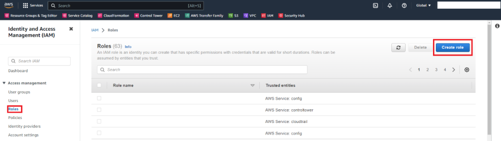 Access management and click on “Create role” button