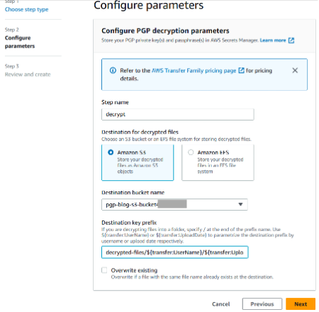 Configuring the PGP decryption parameter in managed workflows.