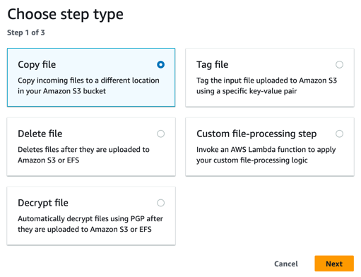Choosing a copy file step type for your Transfer Family managed workflow.
