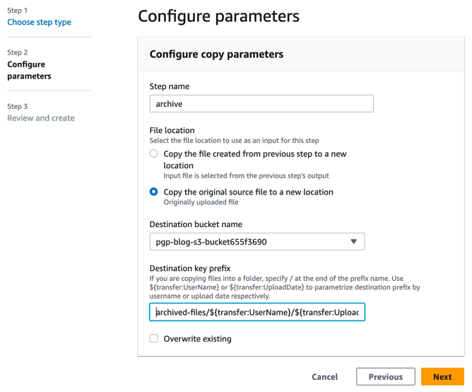 Configuring the copy file parameter in managed workflows.