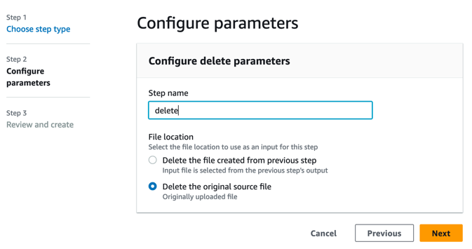 Configuring the delete file parameter in managed workflows.