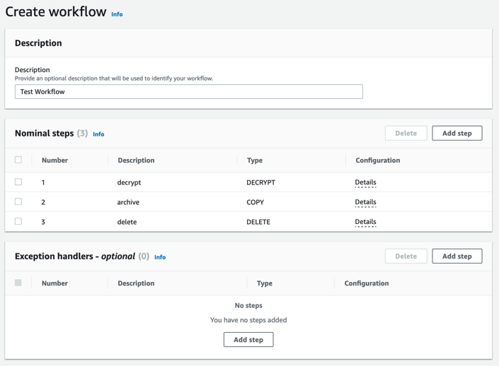 A summary of the nominal steps selected for the managed workflow.