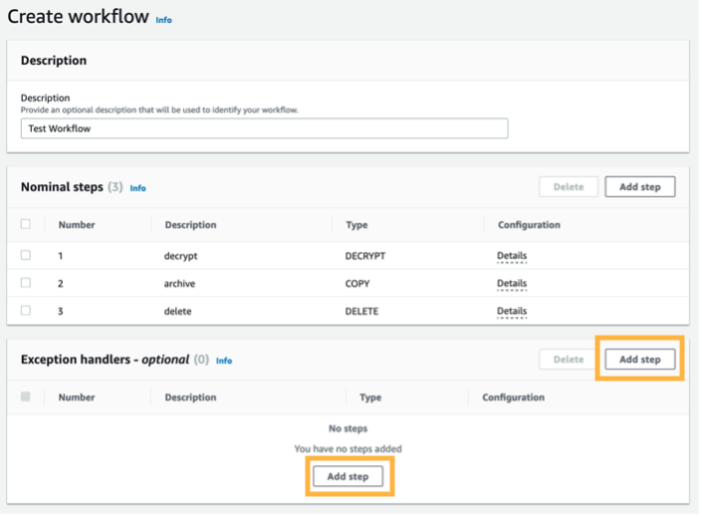 Choosing to create an exception handler step for your managed workflow.