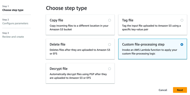 Choosing a custom-file processing step for the managed workflow exception handler.
