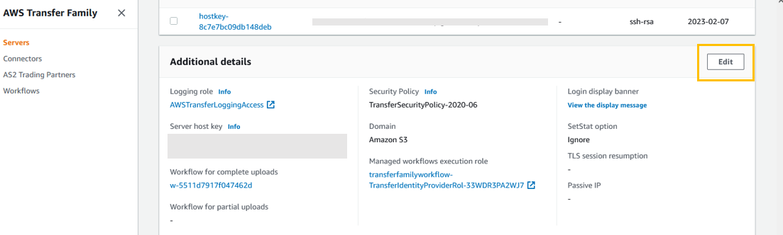Editing an existing Transfer Family server.