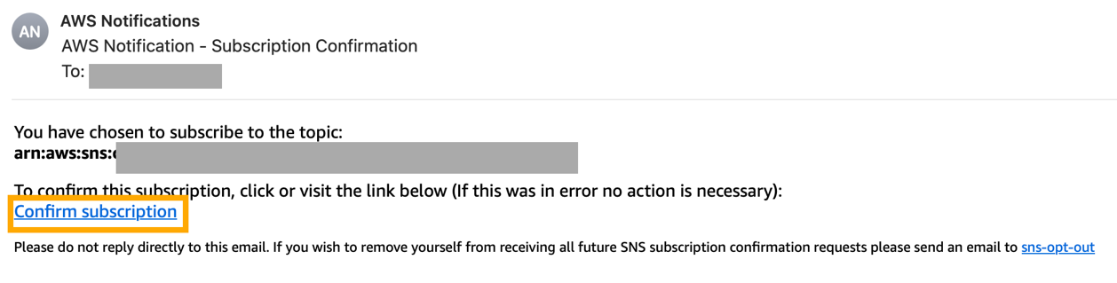 Text from an email asking you to confirm your subscription to the SNS topic.