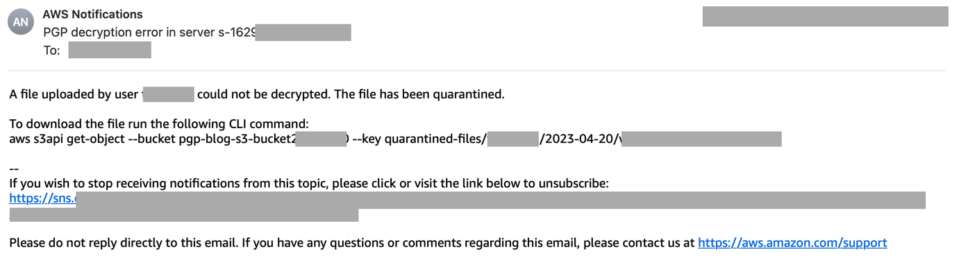 An example of a failed decryption email alert.