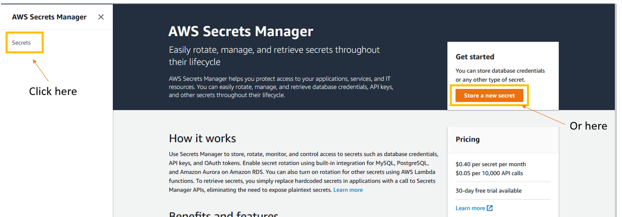 The Secrets Manager homepage in the AWS console.