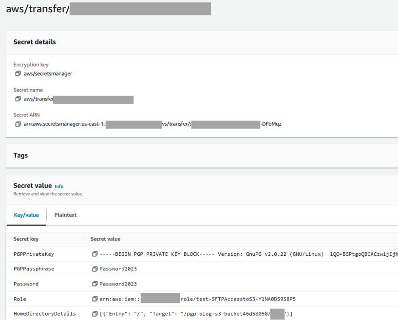 An example of what a finished Transfer Family secret should look like, per the given instructions.