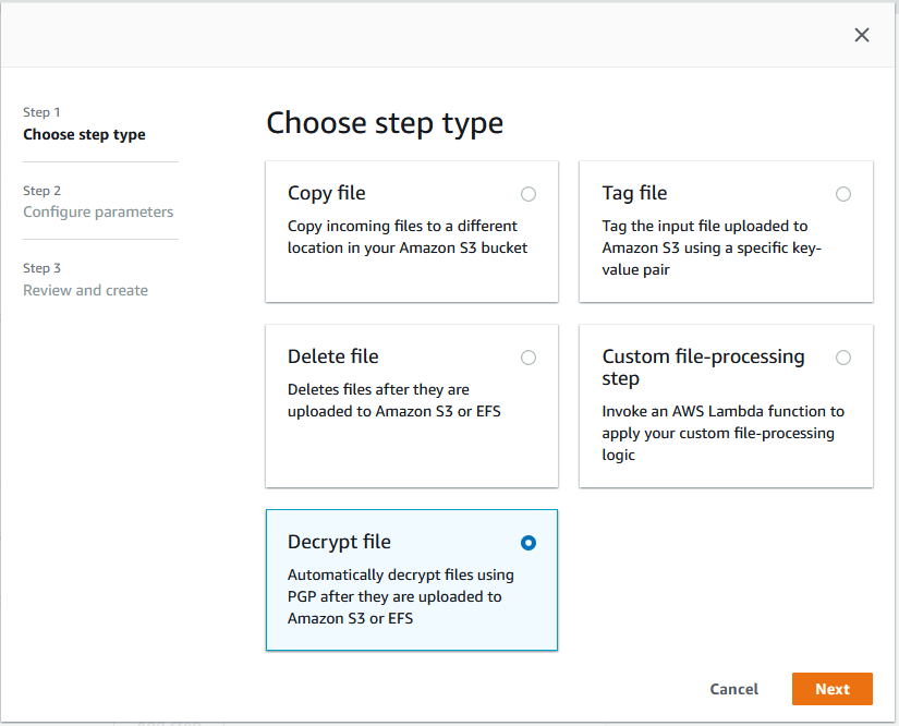 Choosing the decrypt file step type for your Transfer Family managed workflow.