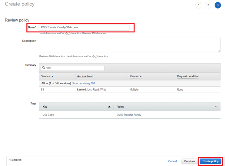 Finish the policy creation by giving it a name