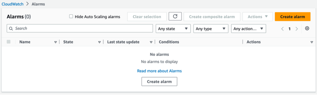 CloudWatch interface for creating alarms