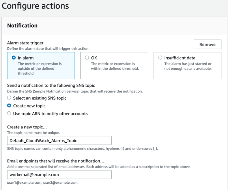 This is where you configure actions to trigger Amazon SNS notifications.