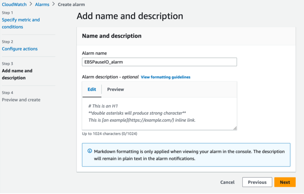 This image shows how to add alarm name and description.