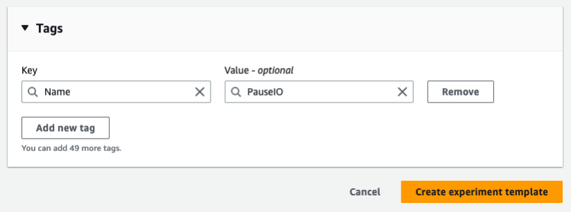 This image shows FIS template section to tag experiment template.