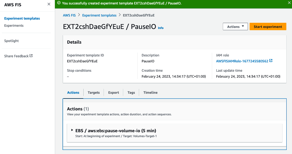 This image shows that the experiment template is successfully created,