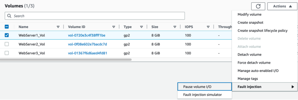 This image shows available EBS volumes in EC2 Management Console and allows you to inject Pause volume I/O action on any volume of you choice.