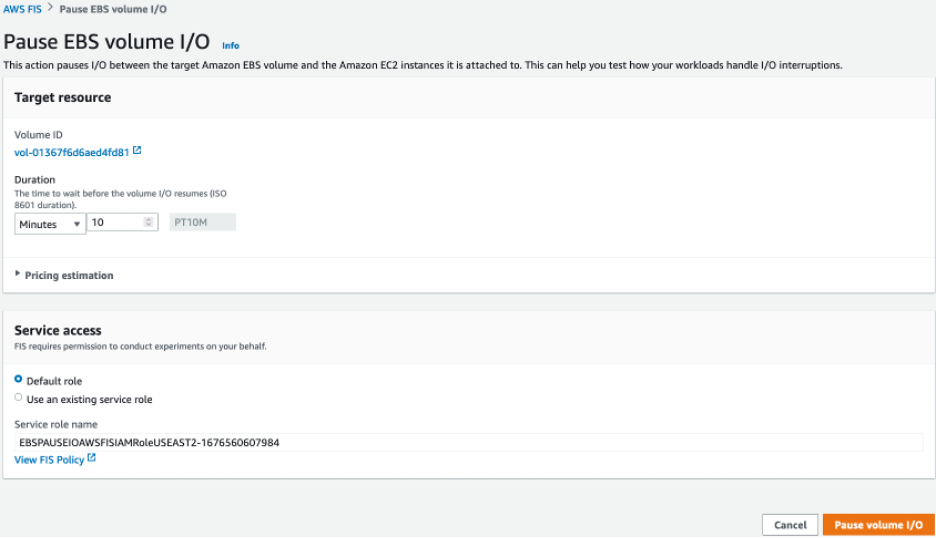 This images shows sample experiment template with a target EBS volume, experiment duration and service access role.